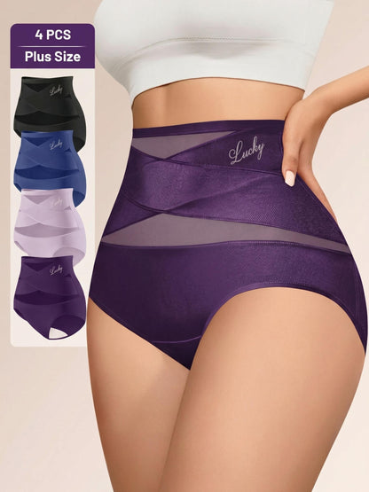 4pcs/Pack Plus Size Women's Soft Mesh Patchwork Crisscross Trim Bikini Panties Womenswear Fabric,Runs Small, Size Up Recommended - image 1