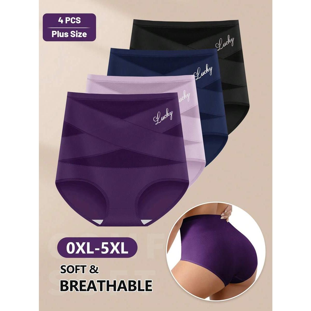 4pcs/Pack Plus Size Women's Soft Mesh Patchwork Crisscross Trim Bikini Panties Womenswear Fabric,Runs Small, Size Up Recommended