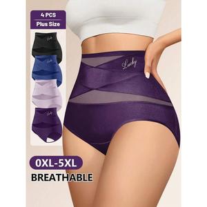 4pcs/Pack Plus Size Women's Soft Mesh Patchwork Crisscross Trim Bikini Panties Womenswear Fabric,Runs Small, Size Up Recommended