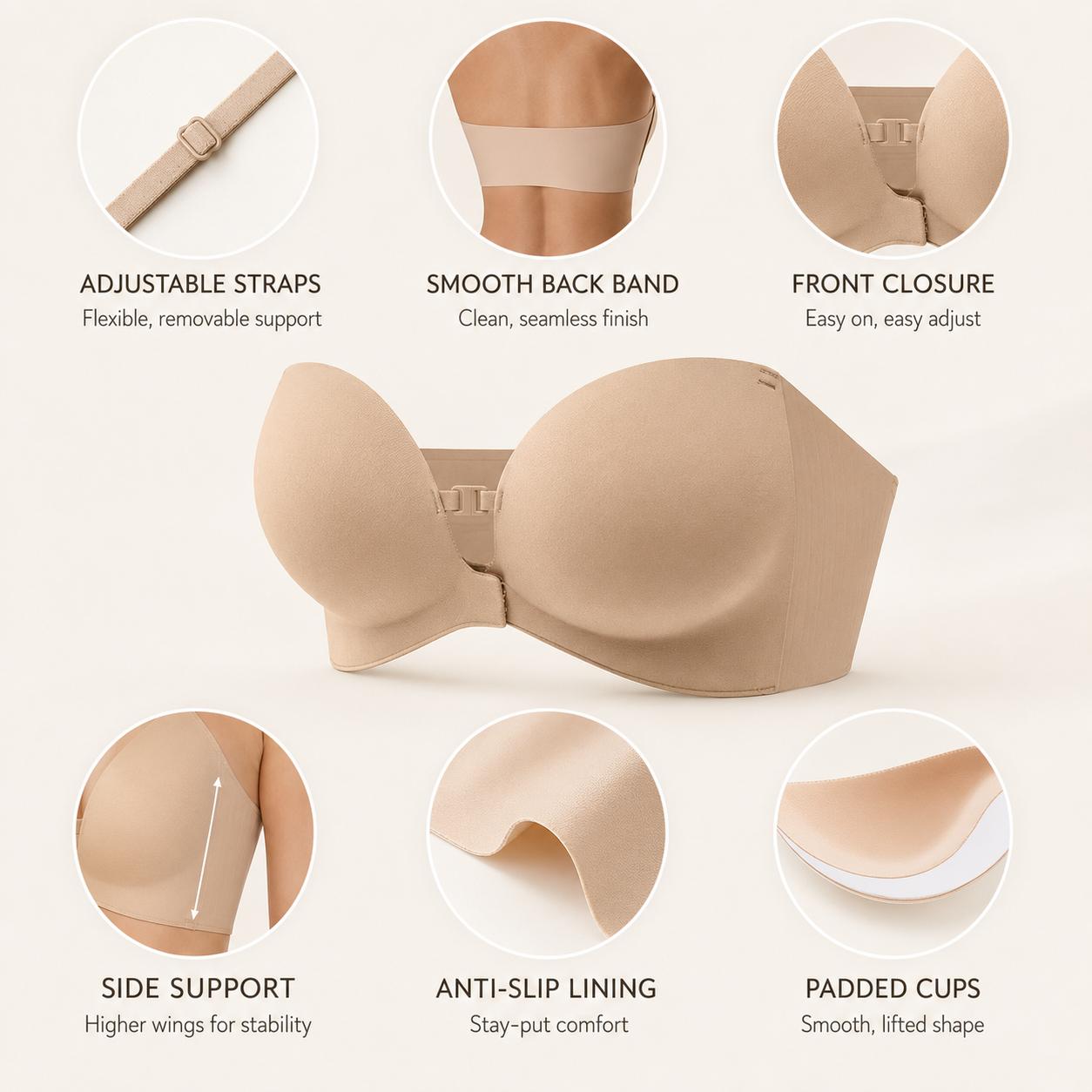 No-Slip Front Closure Push-Up Strapless Bra, 7 Ways to Wear, Seamless Full Support Tube Bra for Summer Dresses & Off-Shoulder Tops - image 6